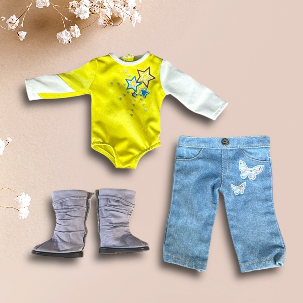 American Girl Doll Flower Power Outfit Blue Jeans-Yellow Leotard Top and Boots